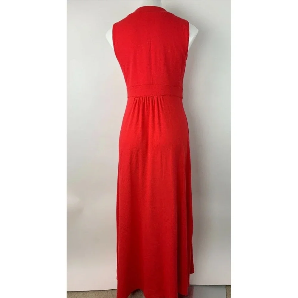 Lands' End Red Orange Maxi Dress Pima Cotton Stretch Surplice Bodice M Side Slit